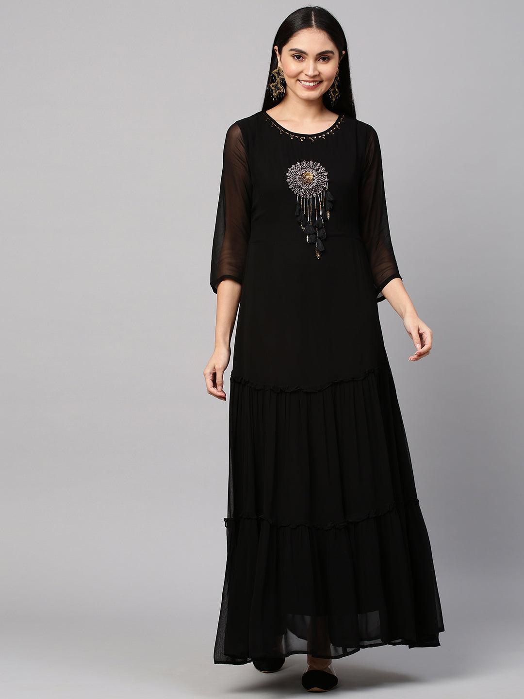 Hand Embroidered Tiered Maxi Dress - Black - Indiakreations