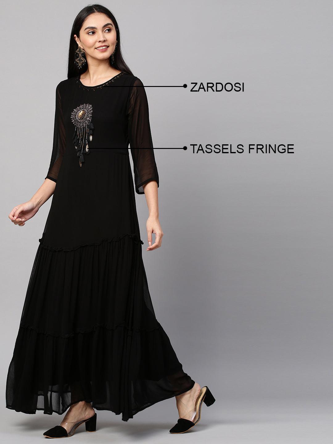 Hand Embroidered Tiered Maxi Dress - Black - Indiakreations