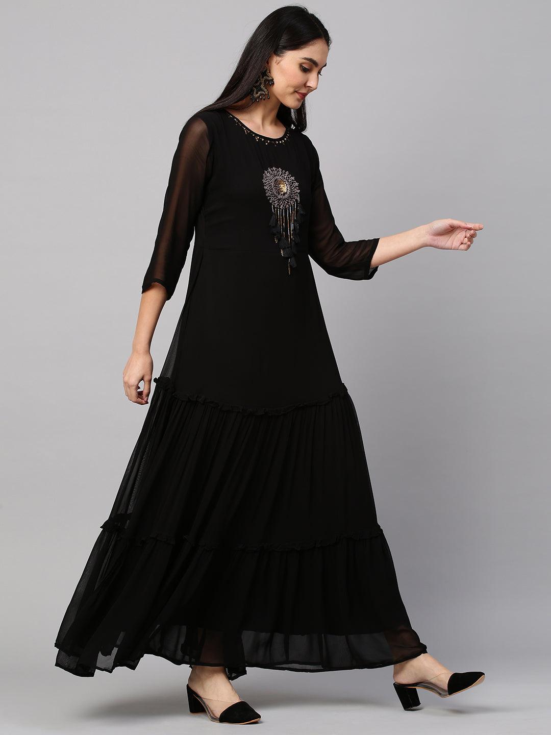 Hand Embroidered Tiered Maxi Dress - Black - Indiakreations