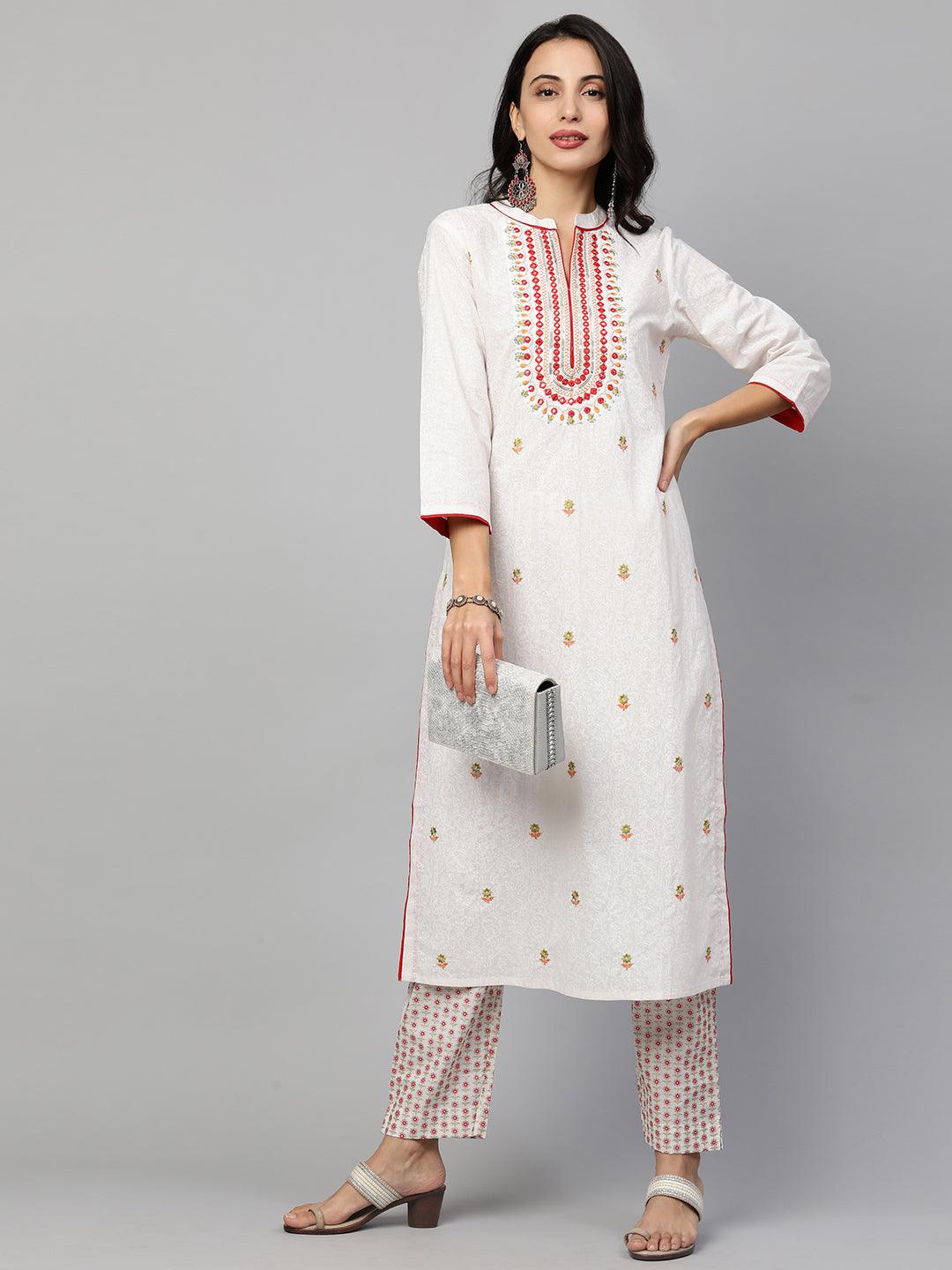 Floral Printed Kurta & Pants – White - Indiakreations