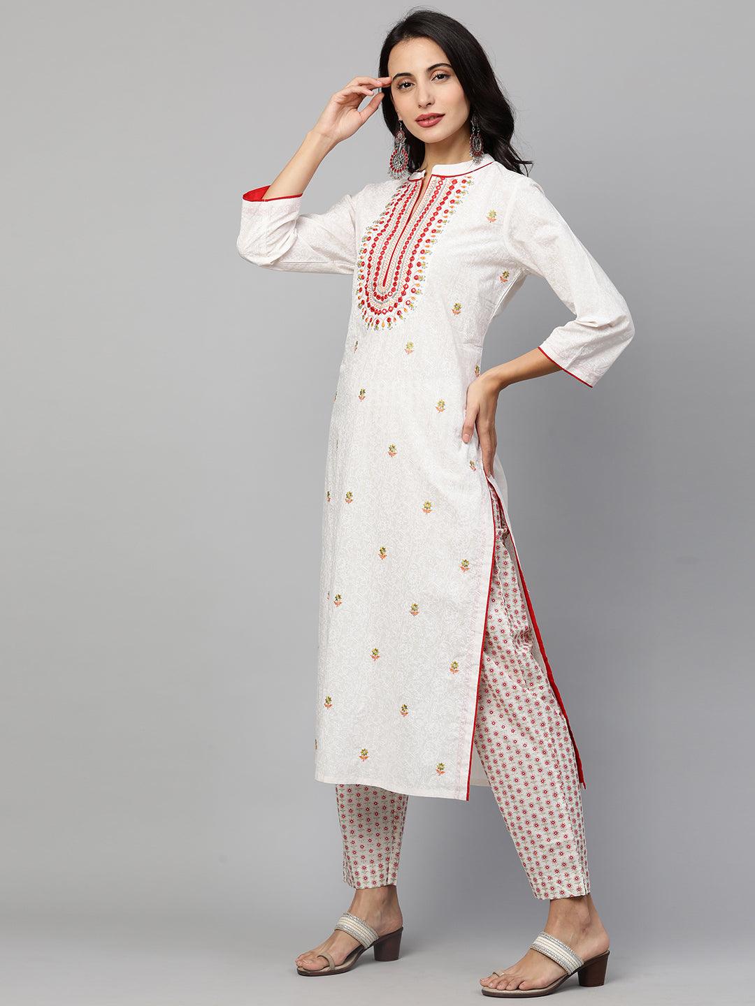 Floral Printed Kurta & Pants – White - Indiakreations