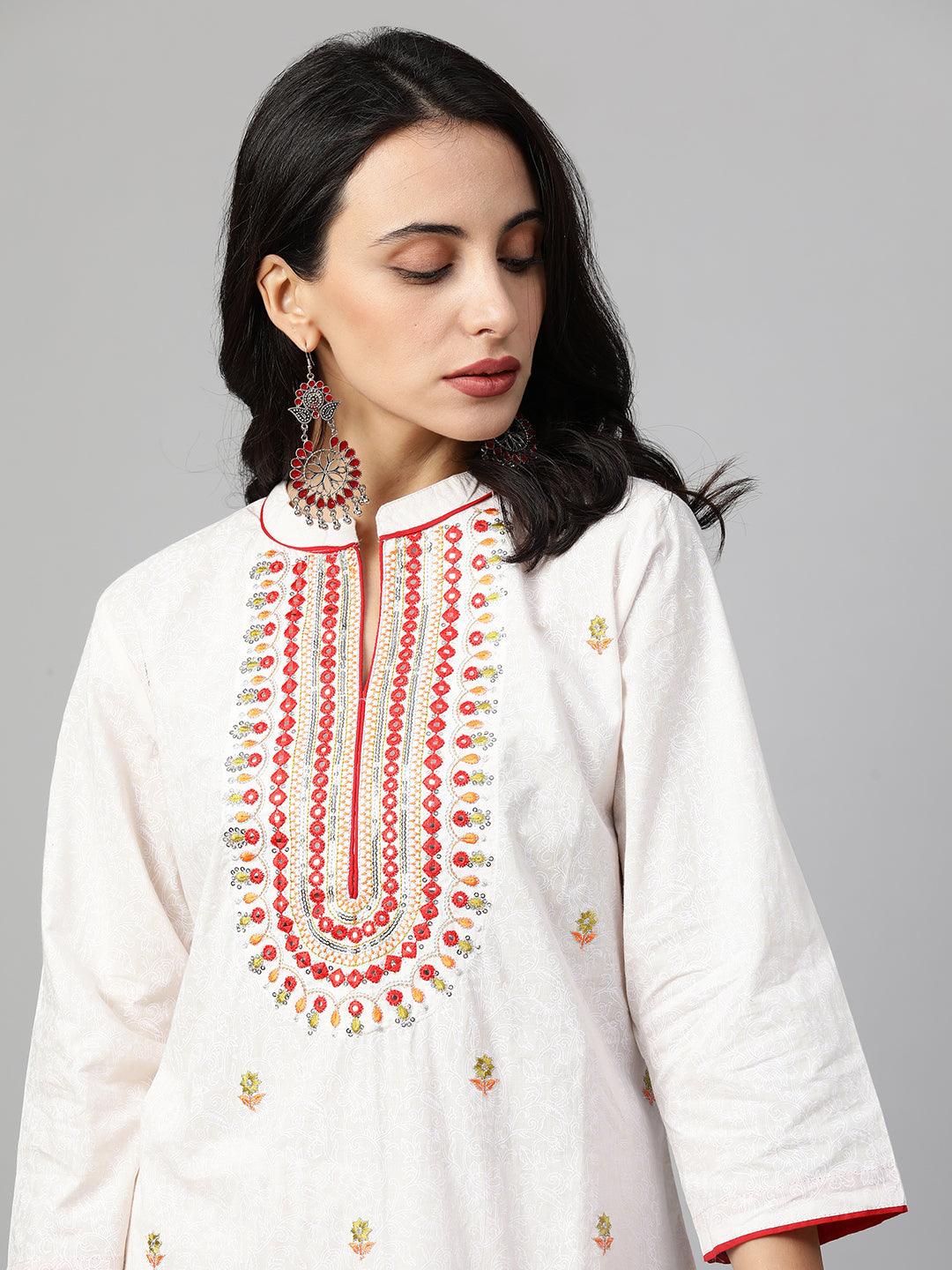 Floral Printed Kurta & Pants – White - Indiakreations