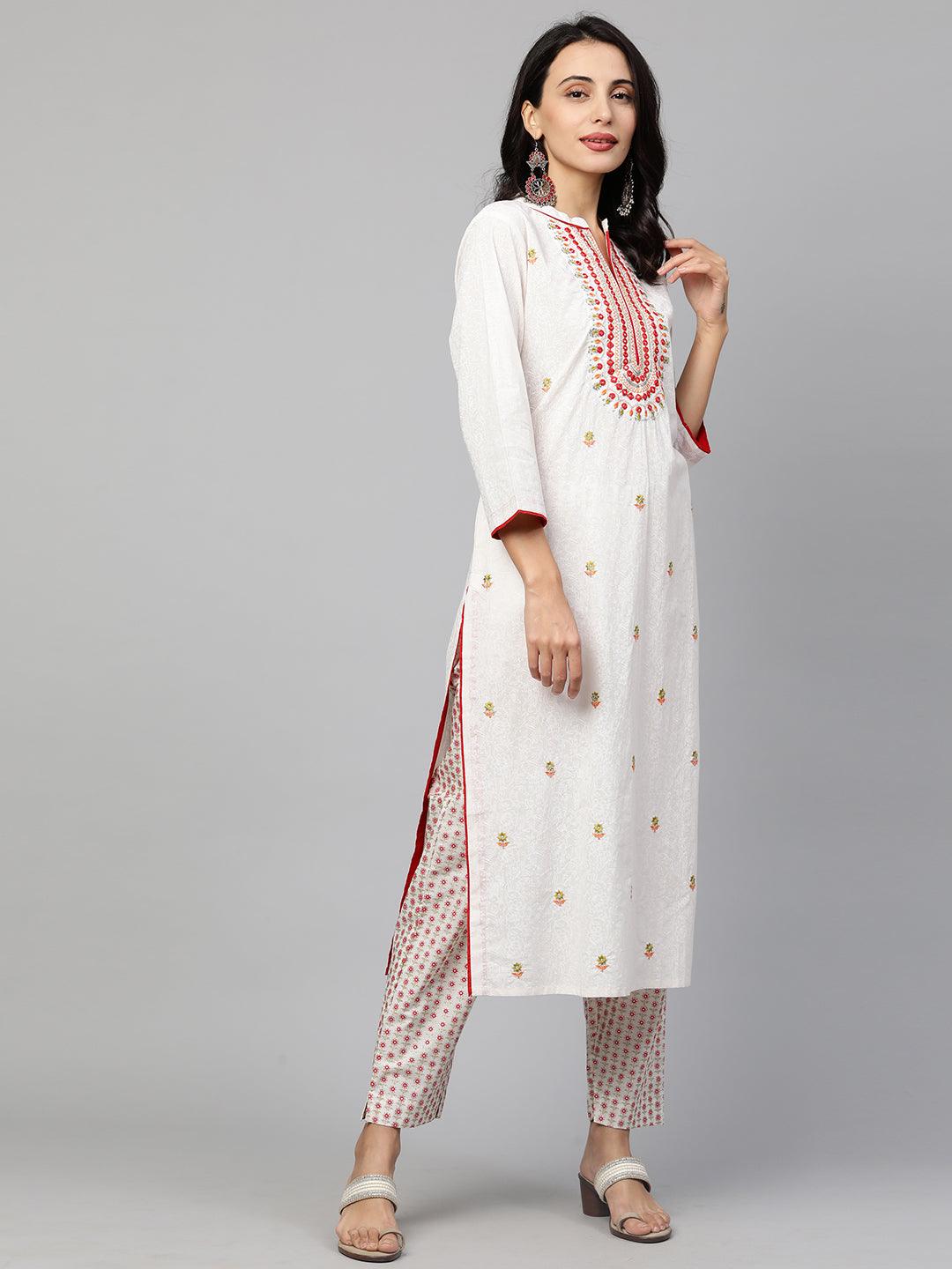 Floral Printed Kurta & Pants – White - Indiakreations