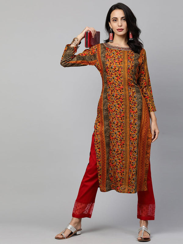 Ethnic Printed & Embroidered Straight Kurta - Multi - Indiakreations