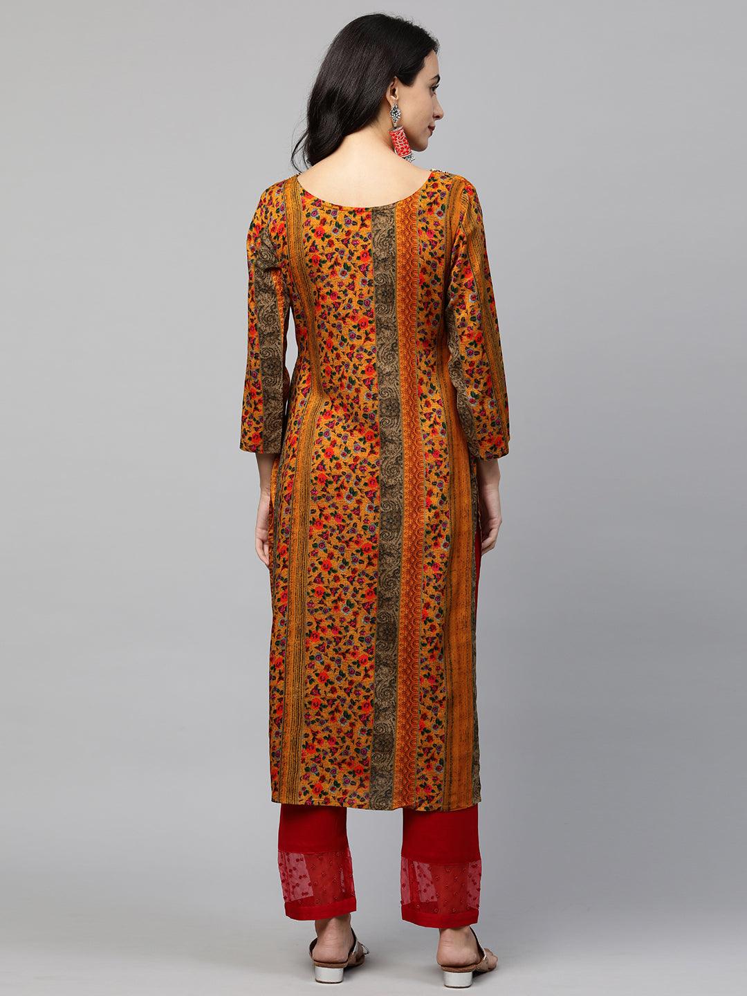 Ethnic Printed & Embroidered Straight Kurta - Multi - Indiakreations