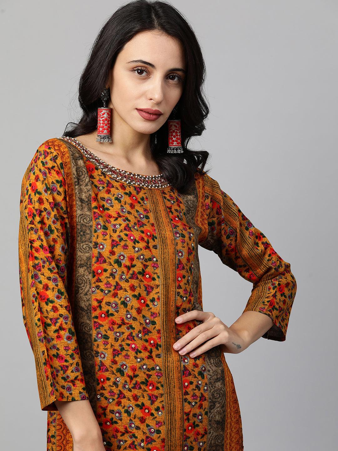 Ethnic Printed & Embroidered Straight Kurta - Multi - Indiakreations