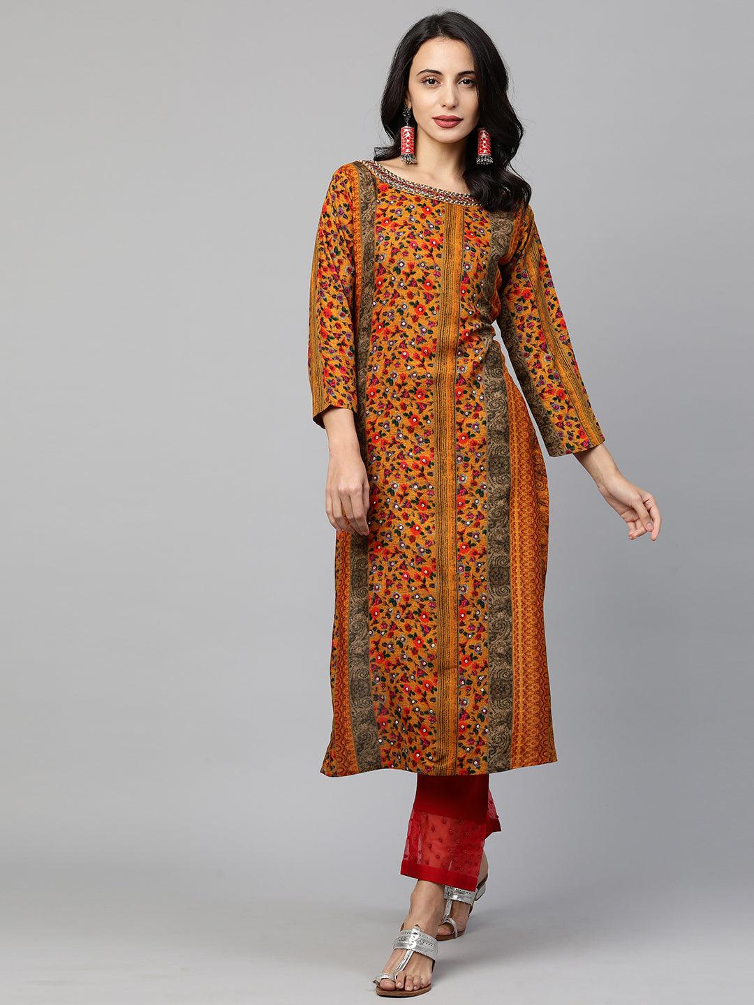 Ethnic Printed & Embroidered Straight Kurta - Multi - Indiakreations