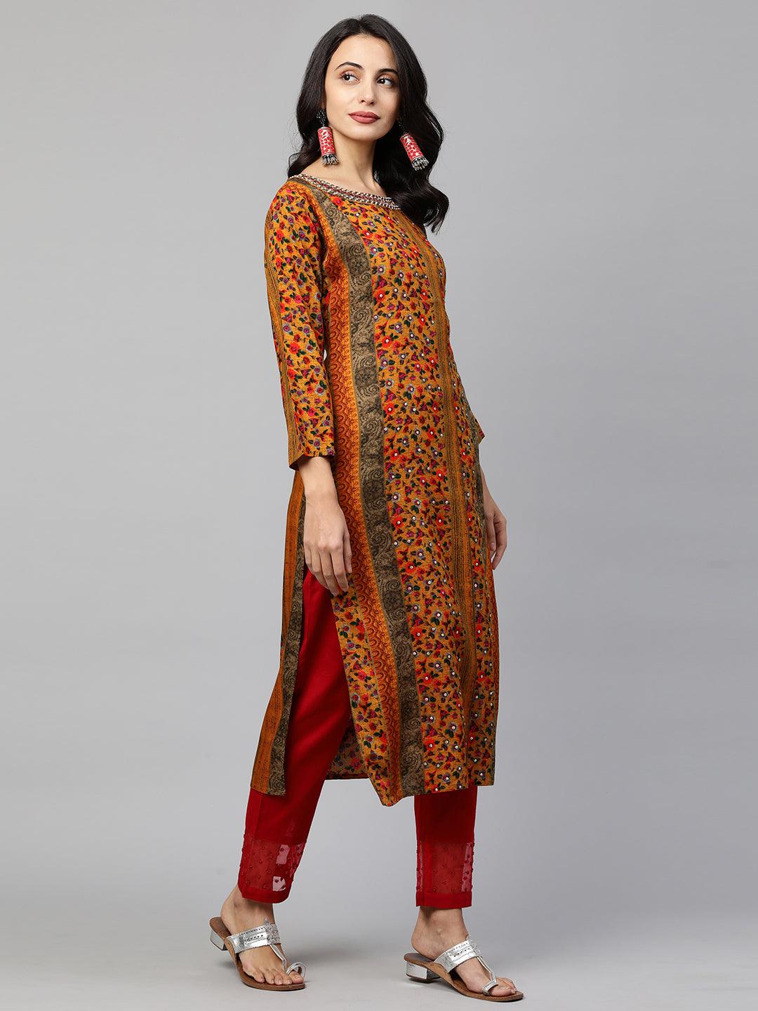 Ethnic Printed & Embroidered Straight Kurta - Multi - Indiakreations