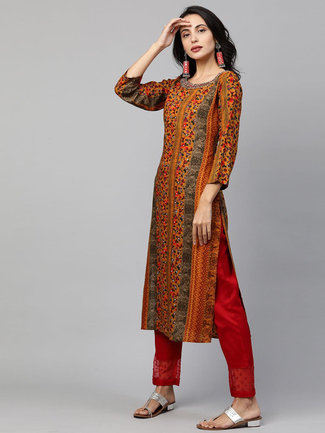 Ethnic Printed & Embroidered Straight Kurta - Multi - Indiakreations