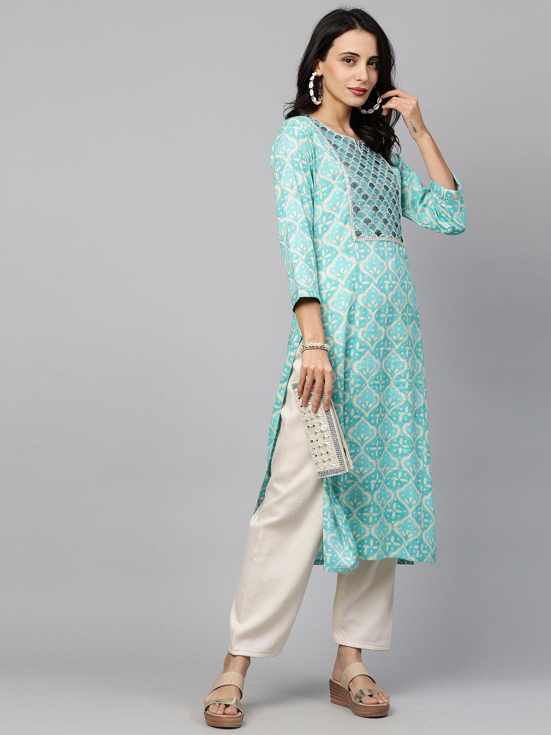 Festive Embroidered & Printed Straight Kurta - Cyan Blue - Indiakreations