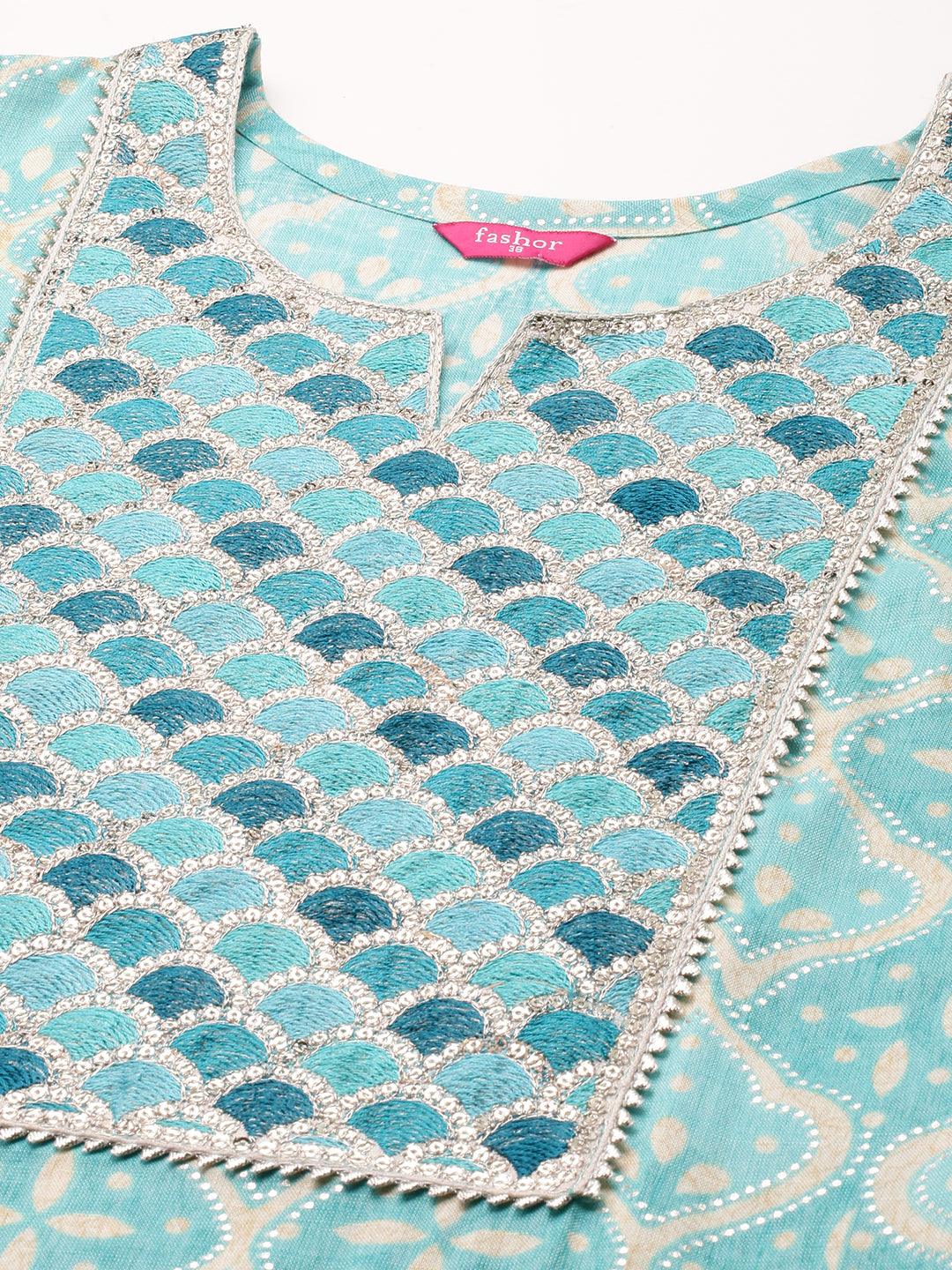 Festive Embroidered & Printed Straight Kurta - Cyan Blue - Indiakreations