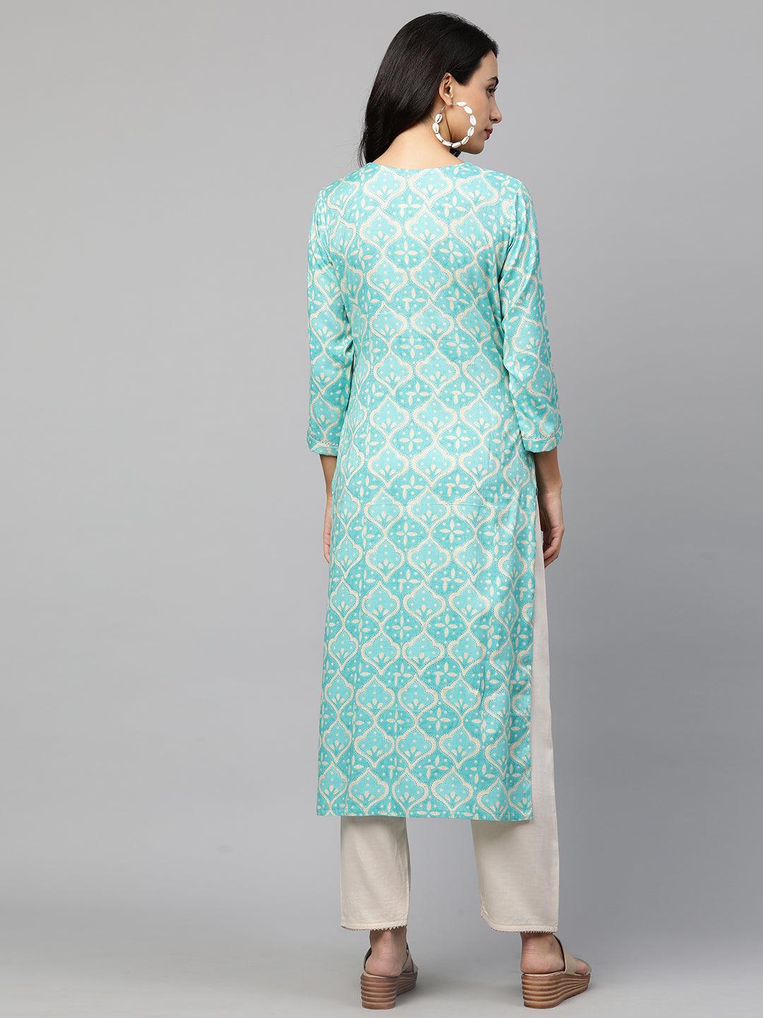 Festive Embroidered & Printed Straight Kurta - Cyan Blue - Indiakreations