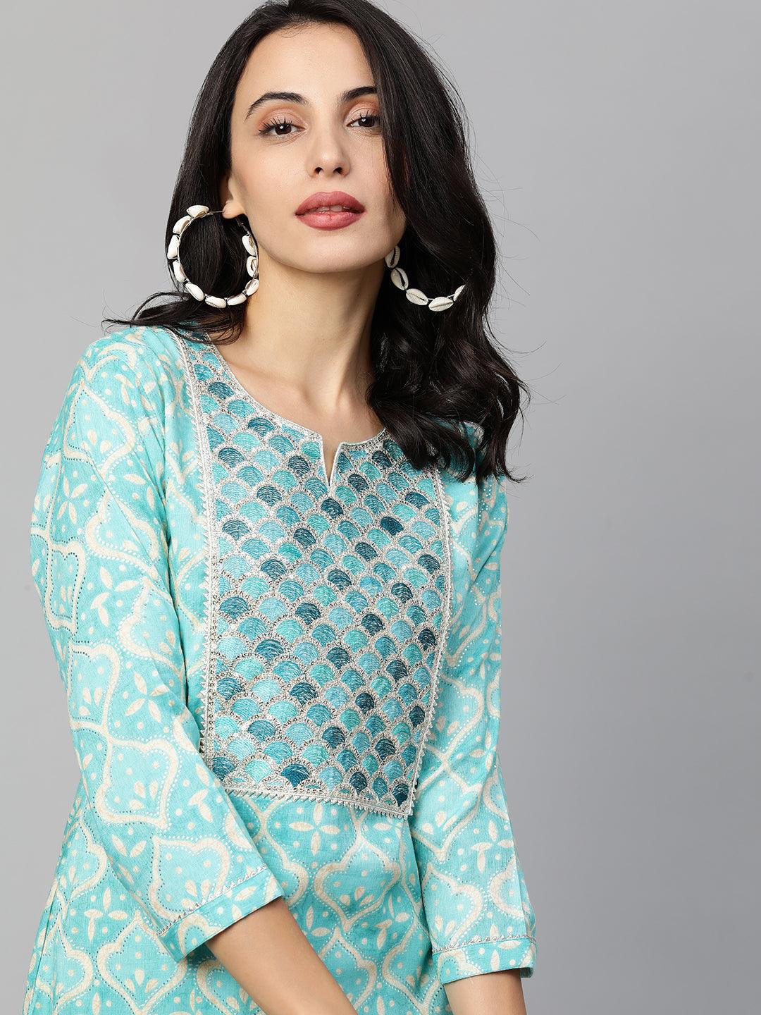 Festive Embroidered & Printed Straight Kurta - Cyan Blue - Indiakreations