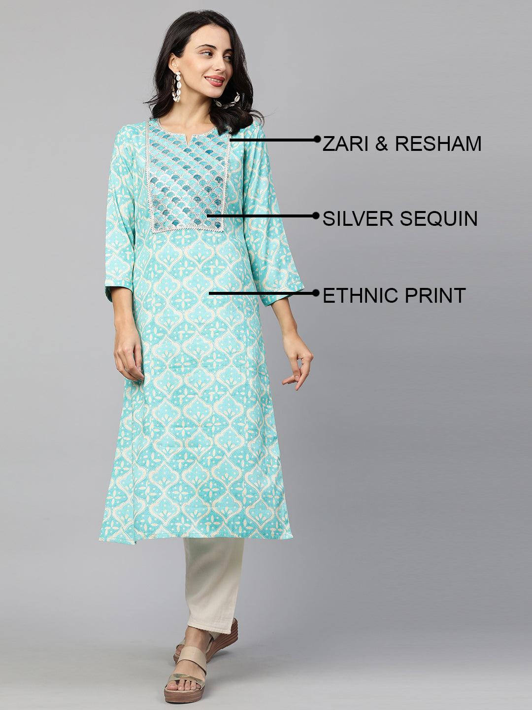 Festive Embroidered & Printed Straight Kurta - Cyan Blue - Indiakreations