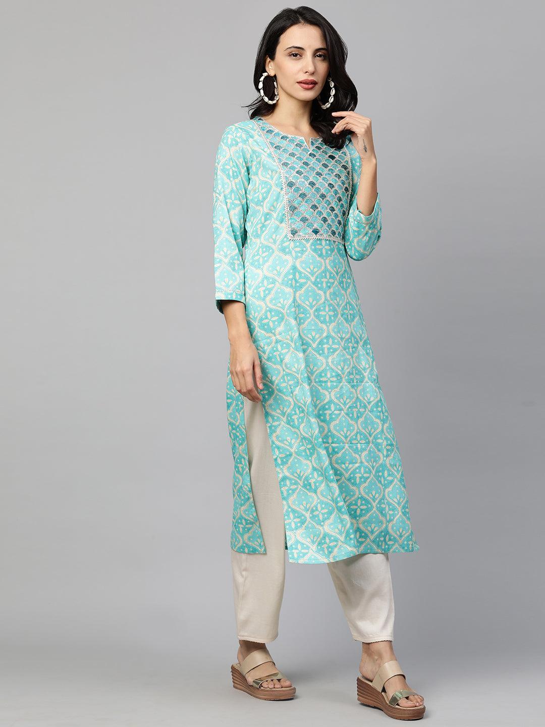 Festive Embroidered & Printed Straight Kurta - Cyan Blue - Indiakreations