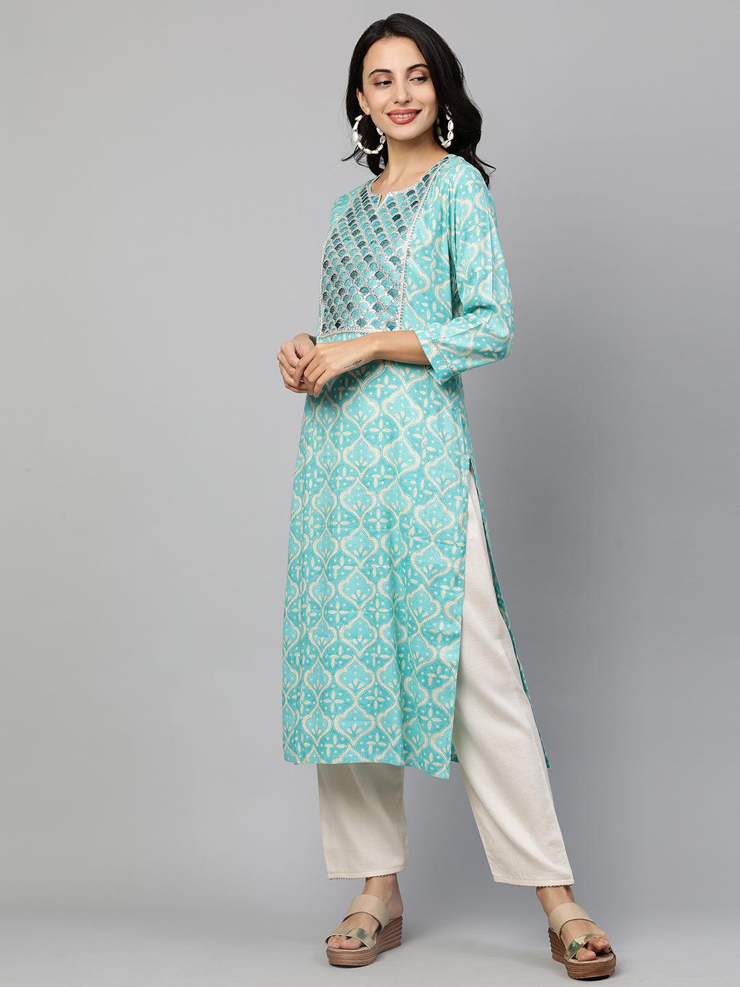 Festive Embroidered & Printed Straight Kurta - Cyan Blue - Indiakreations