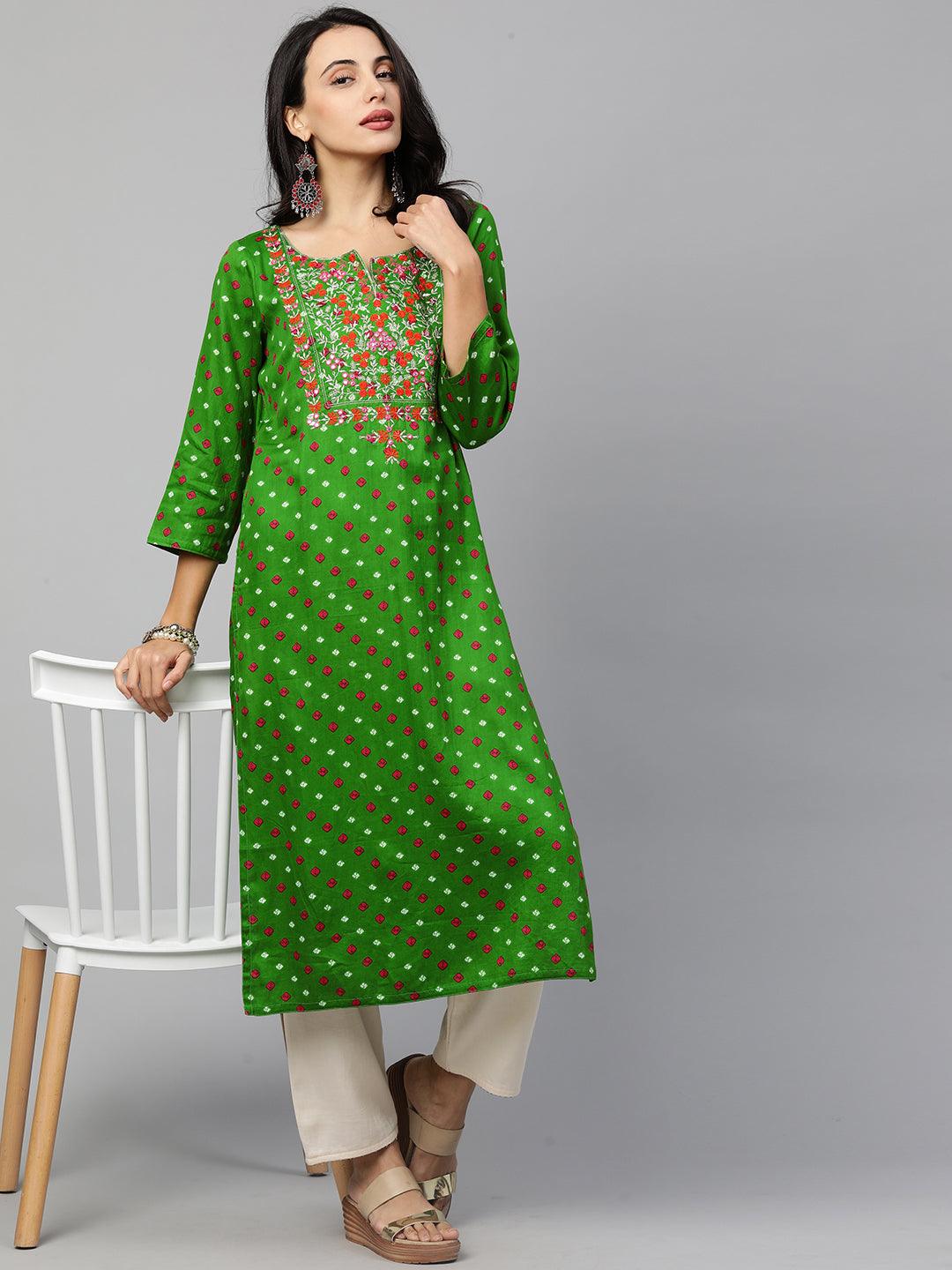 Bandhani & Floral Embroidered Straight Kurta - Green - Indiakreations