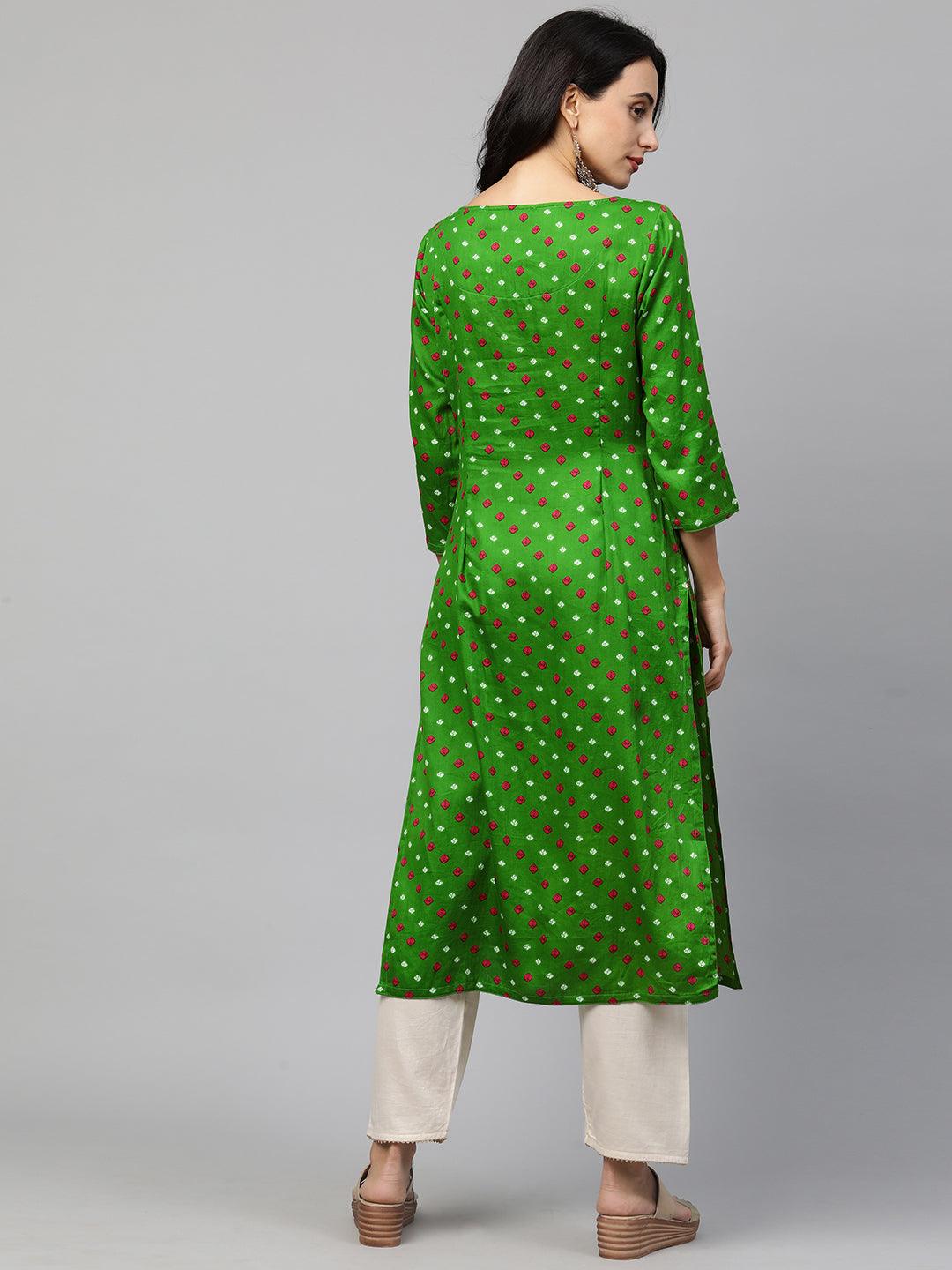 Bandhani & Floral Embroidered Straight Kurta - Green - Indiakreations