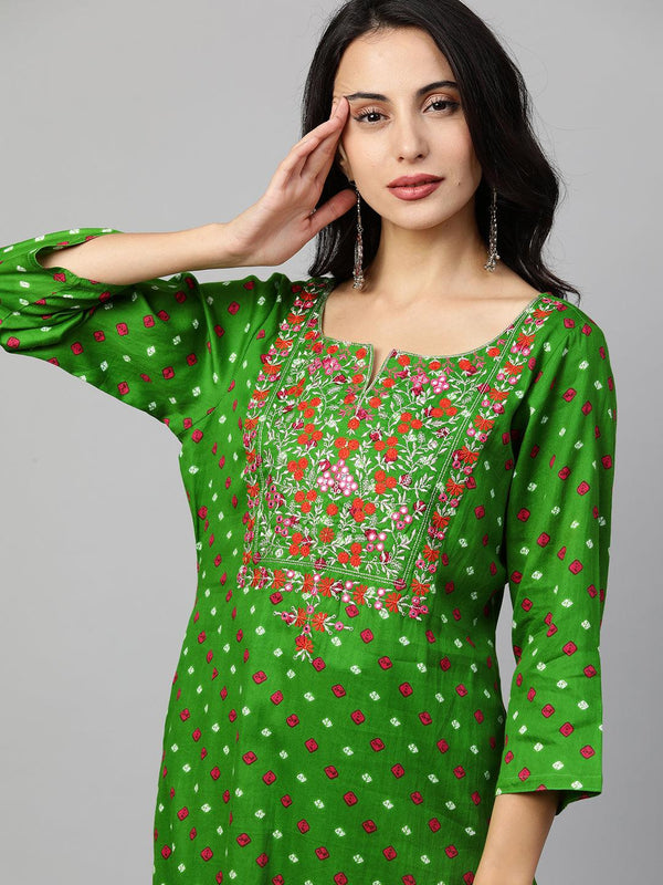 Bandhani & Floral Embroidered Straight Kurta - Green - Indiakreations