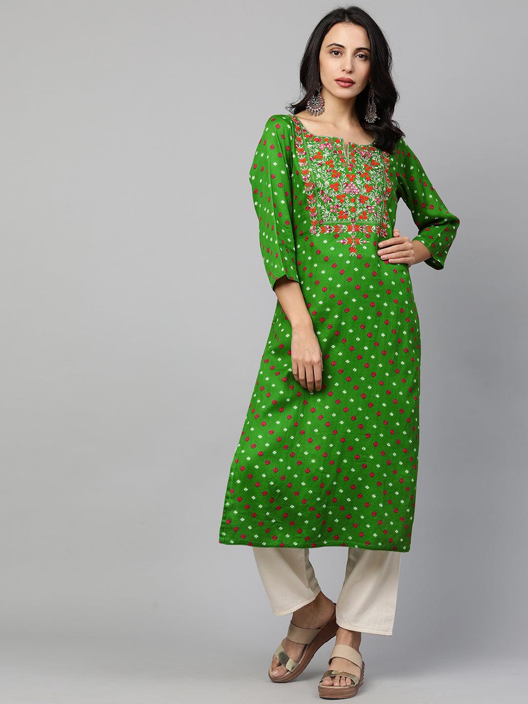 Bandhani & Floral Embroidered Straight Kurta - Green - Indiakreations