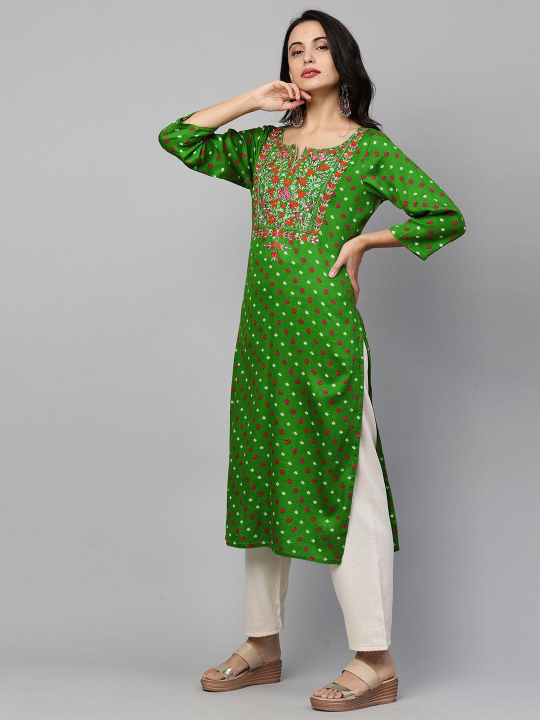 Bandhani & Floral Embroidered Straight Kurta - Green - Indiakreations