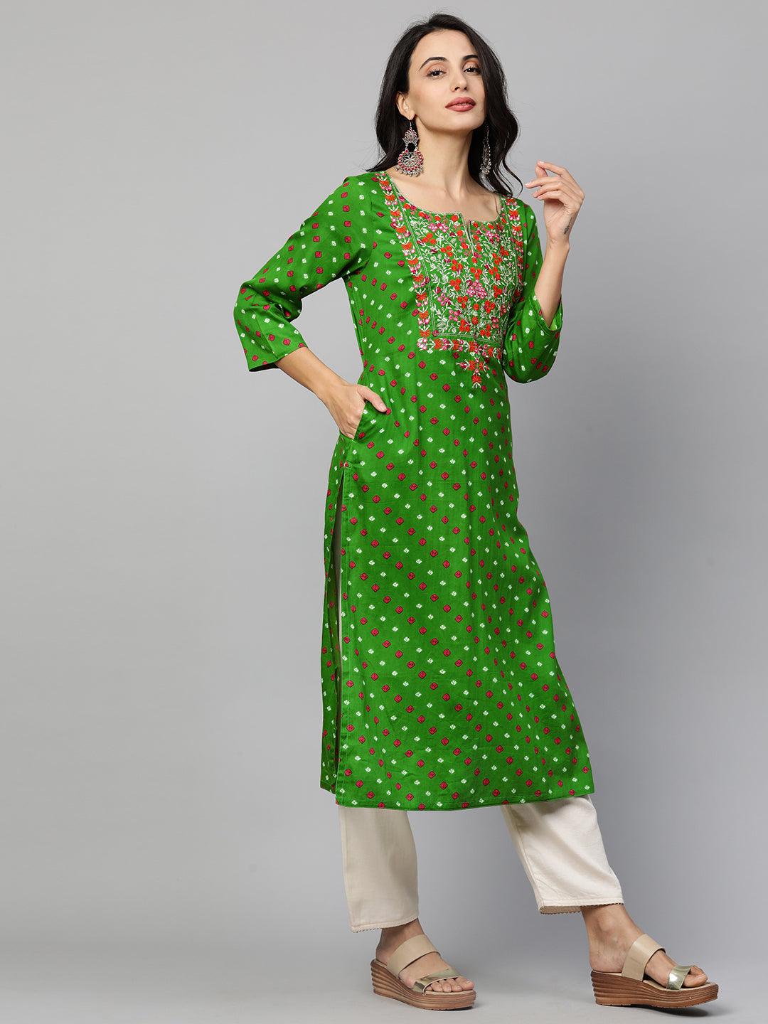 Bandhani & Floral Embroidered Straight Kurta - Green - Indiakreations