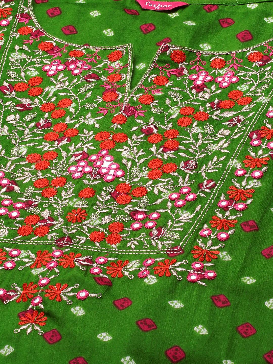 Bandhani & Floral Embroidered Straight Kurta - Green - Indiakreations