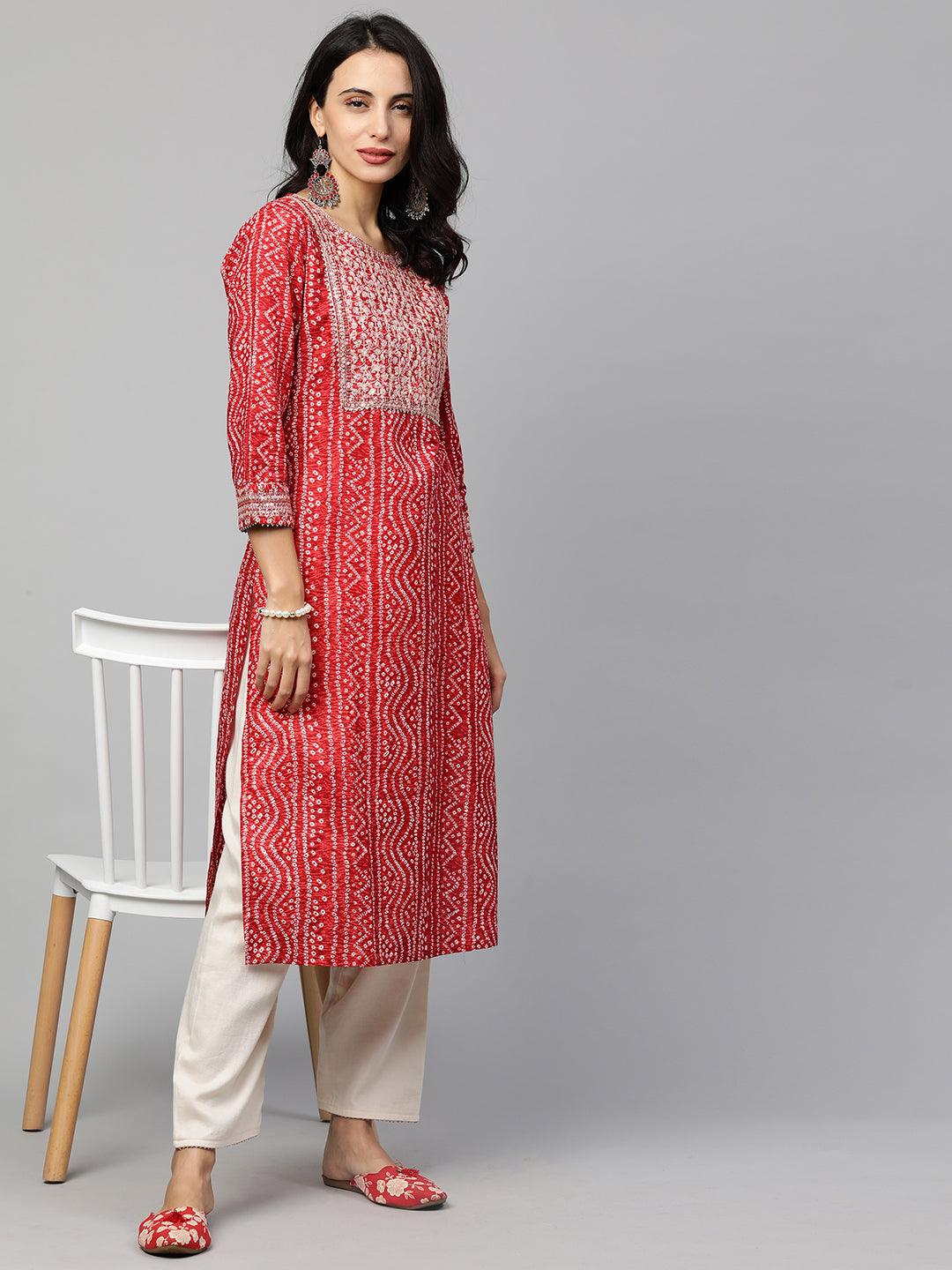 Festive Embroidered Bandhani Straight Kurta - Bright Red - Indiakreations