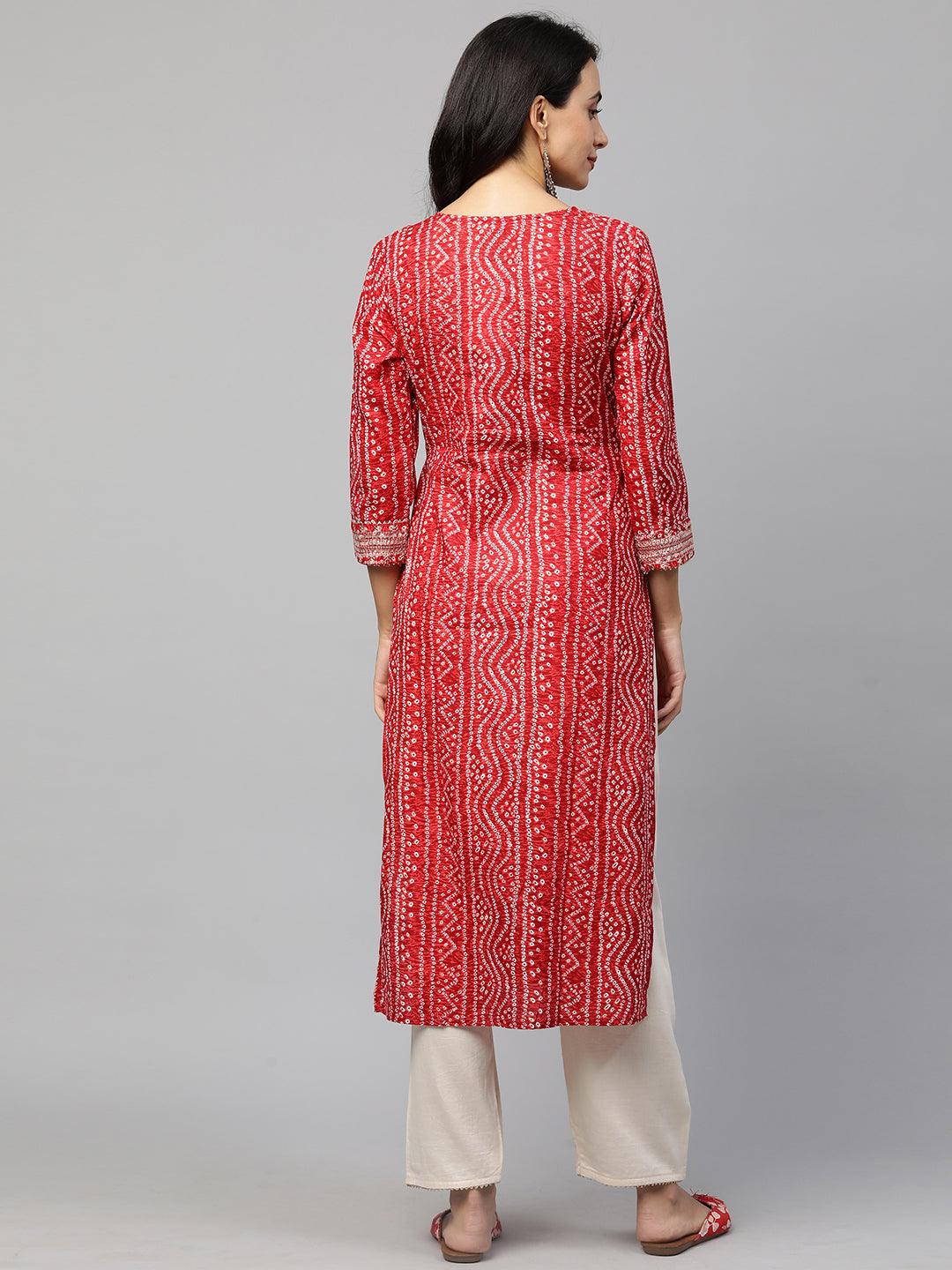 Festive Embroidered Bandhani Straight Kurta - Bright Red - Indiakreations