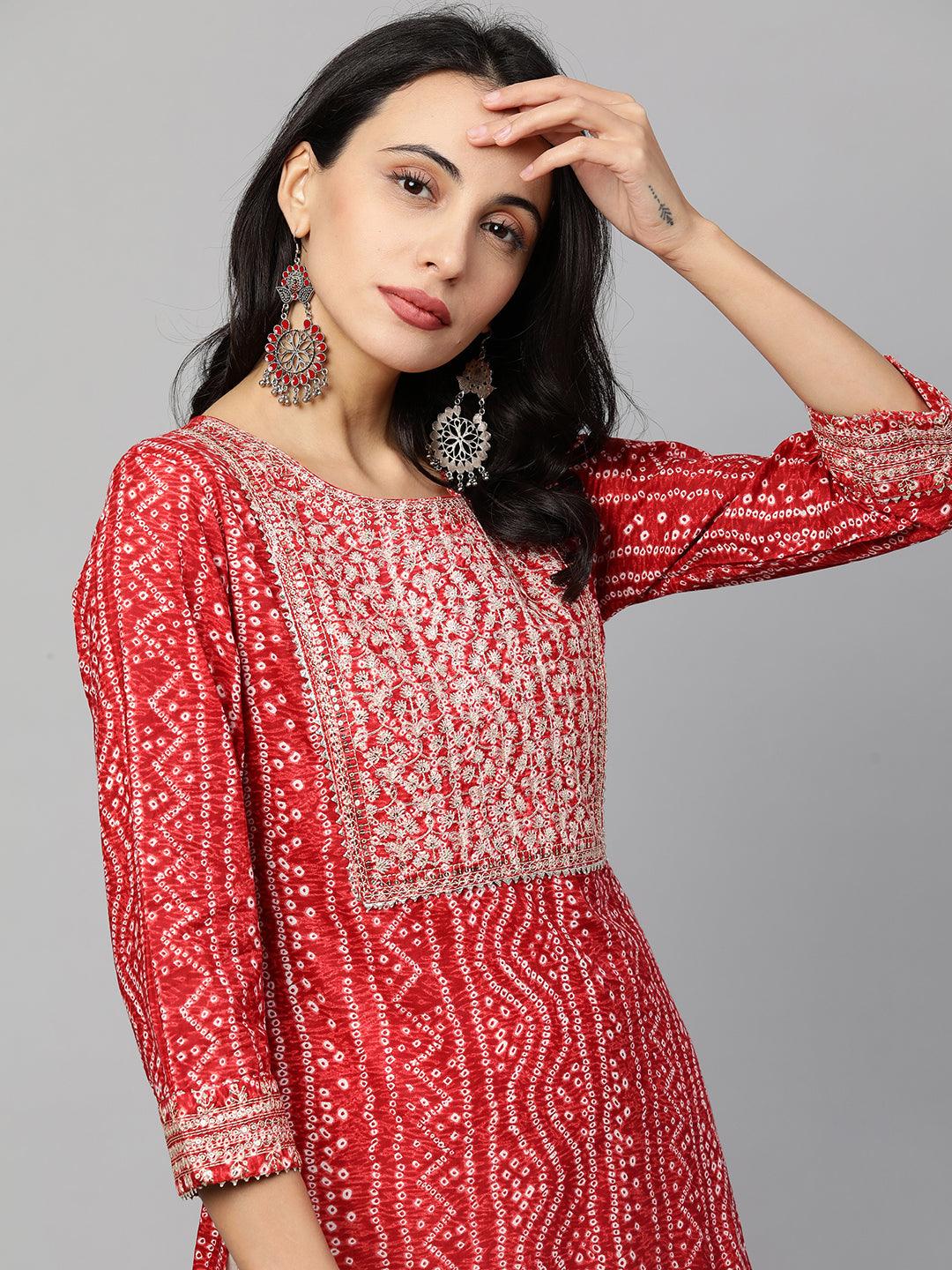 Festive Embroidered Bandhani Straight Kurta - Bright Red - Indiakreations