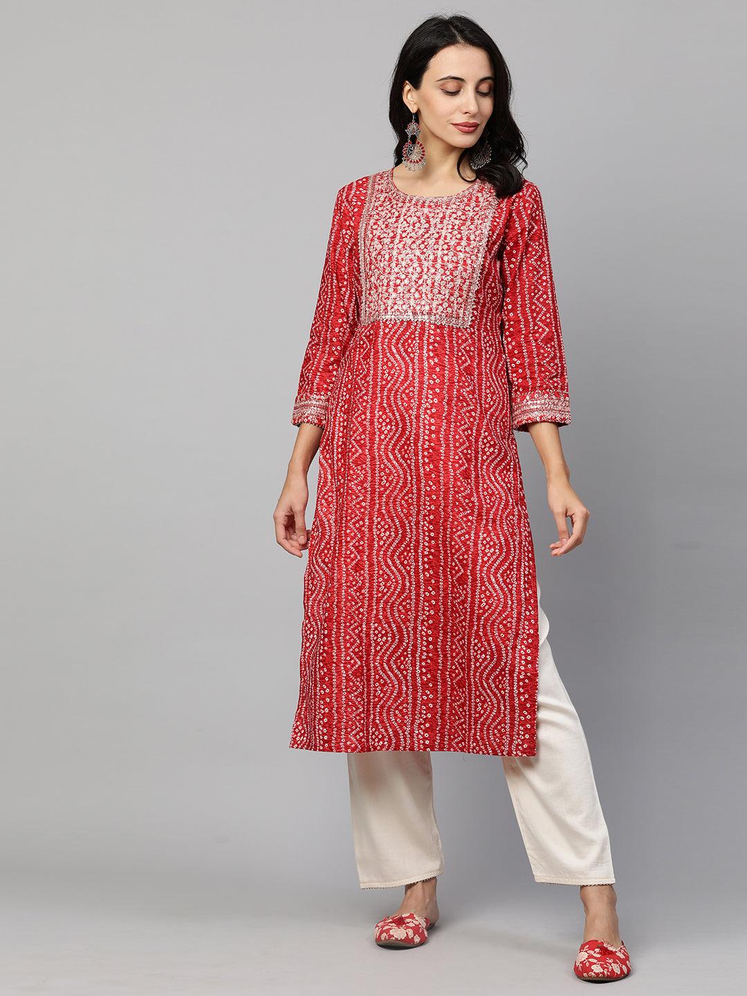 Festive Embroidered Bandhani Straight Kurta - Bright Red - Indiakreations