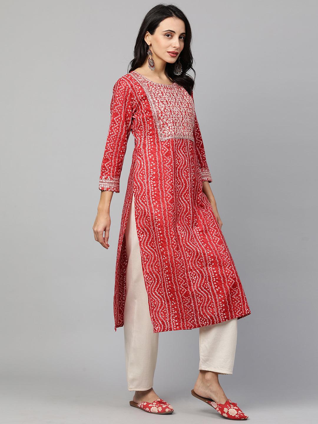 Festive Embroidered Bandhani Straight Kurta - Bright Red - Indiakreations