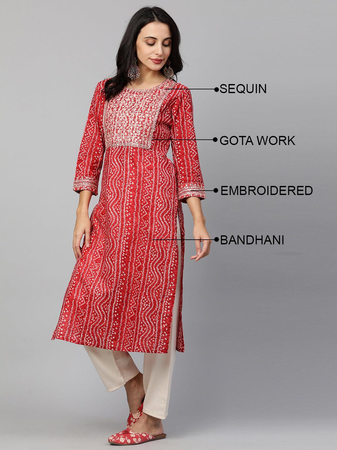 Festive Embroidered Bandhani Straight Kurta - Bright Red - Indiakreations