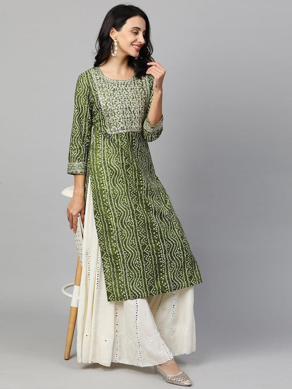 Festive Embroidered Bandhani Straight Kurta - Mehandi Green - Indiakreations