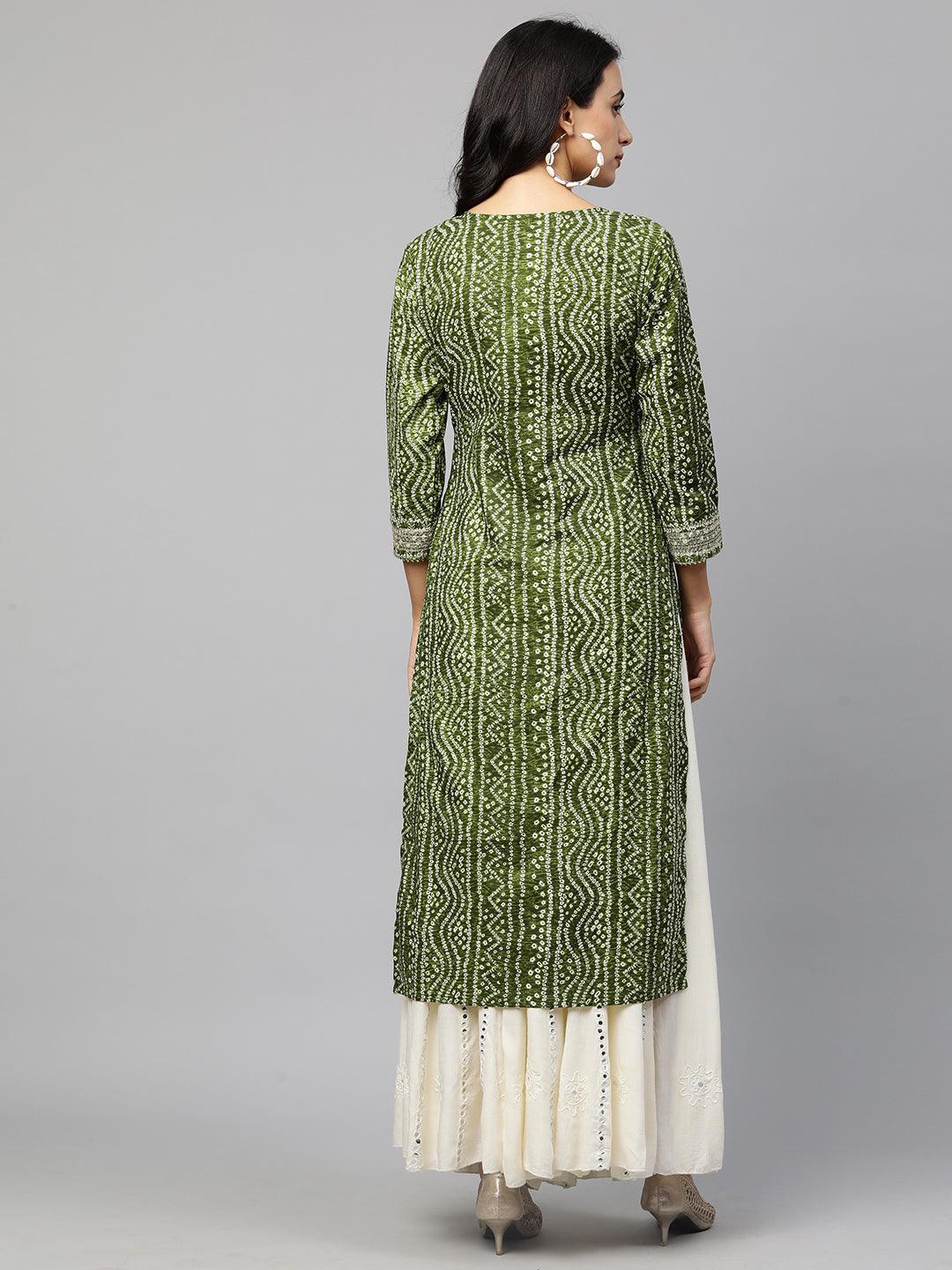 Festive Embroidered Bandhani Straight Kurta - Mehandi Green - Indiakreations