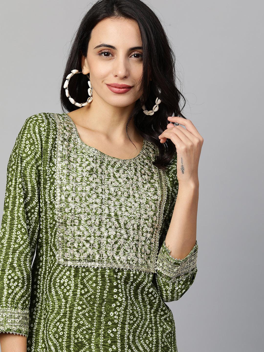 Festive Embroidered Bandhani Straight Kurta - Mehandi Green - Indiakreations