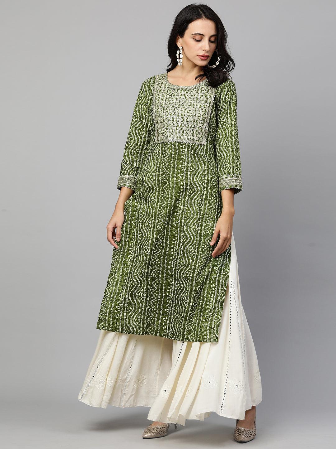 Festive Embroidered Bandhani Straight Kurta - Mehandi Green - Indiakreations