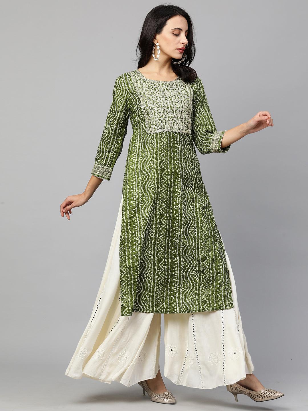 Festive Embroidered Bandhani Straight Kurta - Mehandi Green - Indiakreations