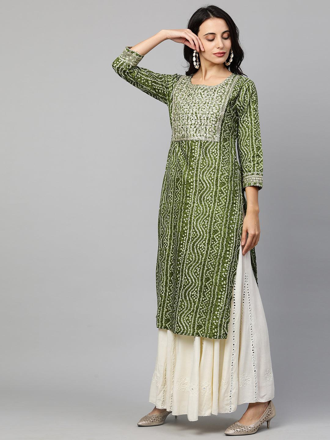 Festive Embroidered Bandhani Straight Kurta - Mehandi Green - Indiakreations