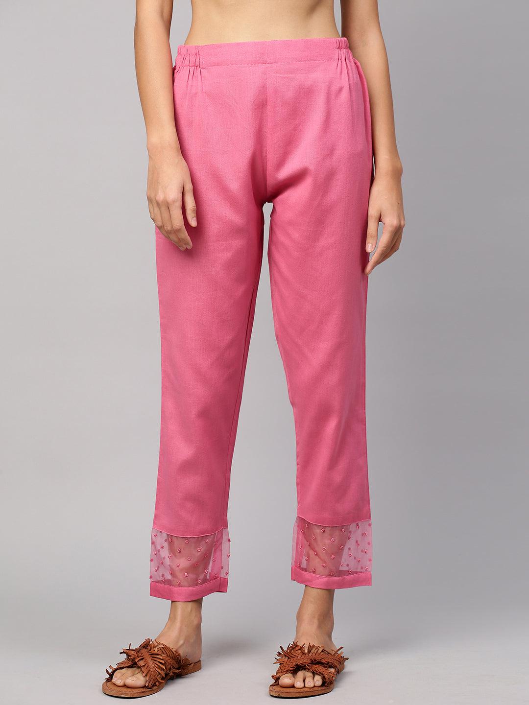 Chic Ankle Pant with Beads Embroidery - Pastel Pink - Indiakreations