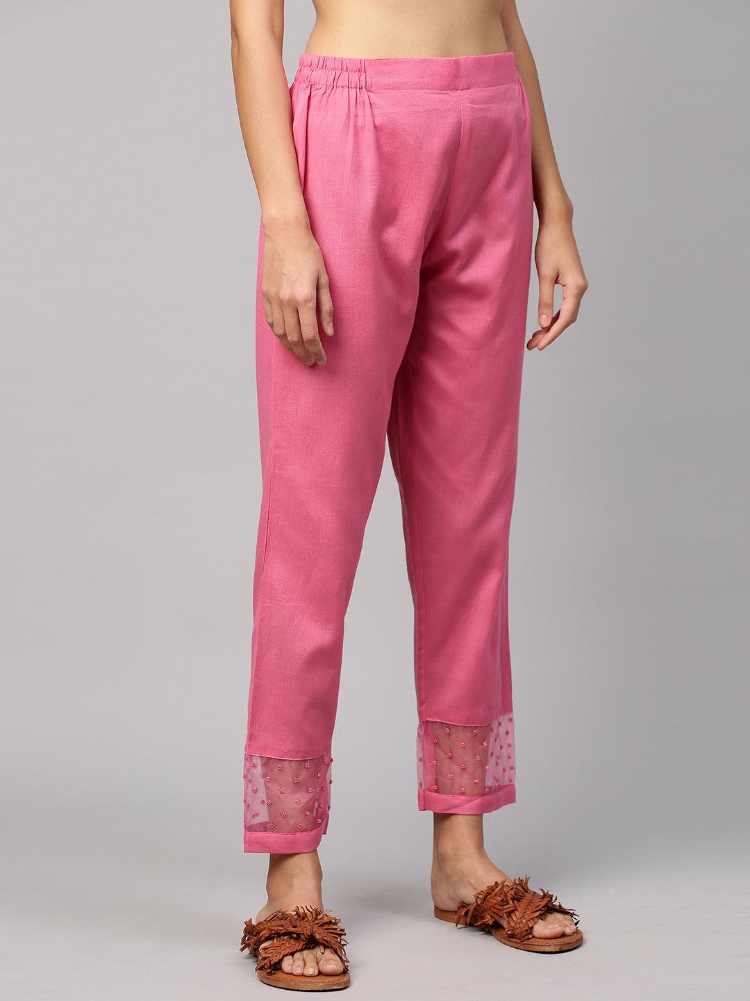 Chic Ankle Pant with Beads Embroidery - Pastel Pink - Indiakreations