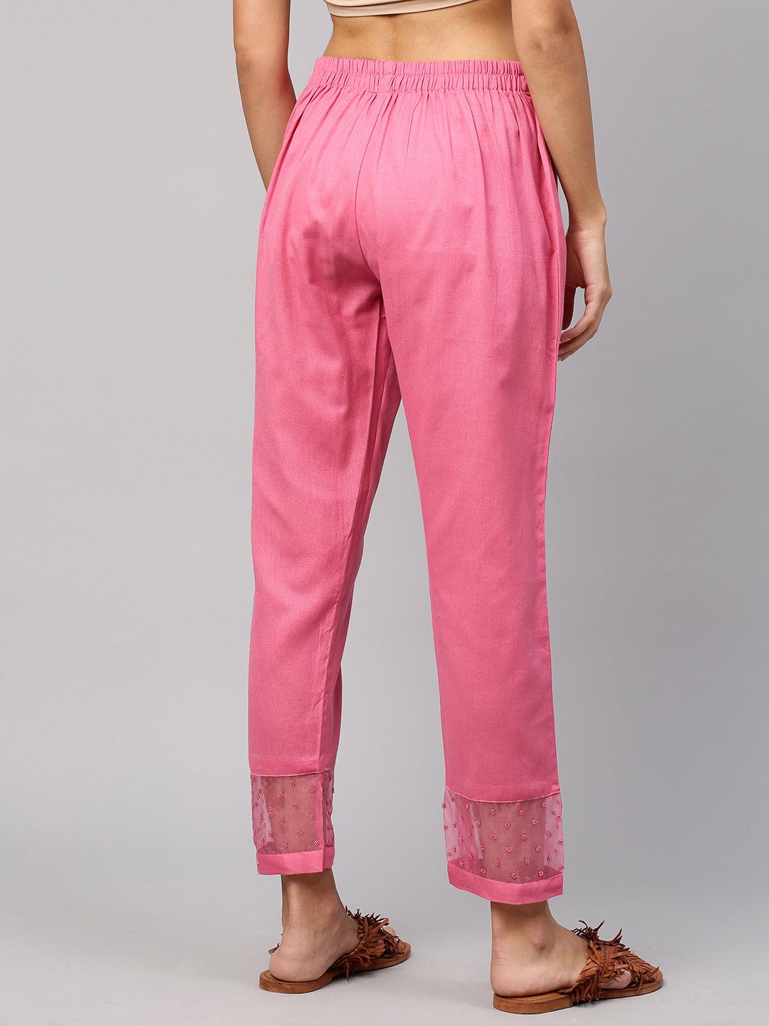 Chic Ankle Pant with Beads Embroidery - Pastel Pink - Indiakreations