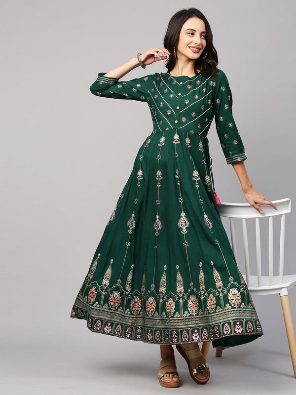 Ethnic Floral Foil Printed & Embellished Maxi Dress - Emerald Green - Indiakreations