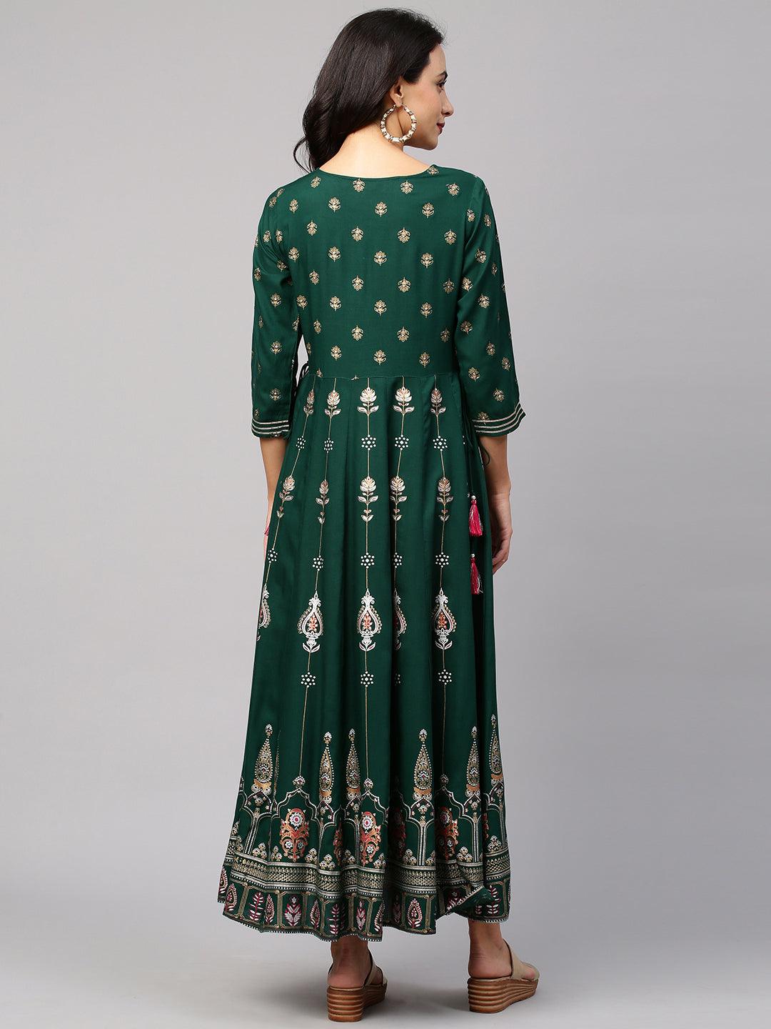 Ethnic Floral Foil Printed & Embellished Maxi Dress - Emerald Green - Indiakreations