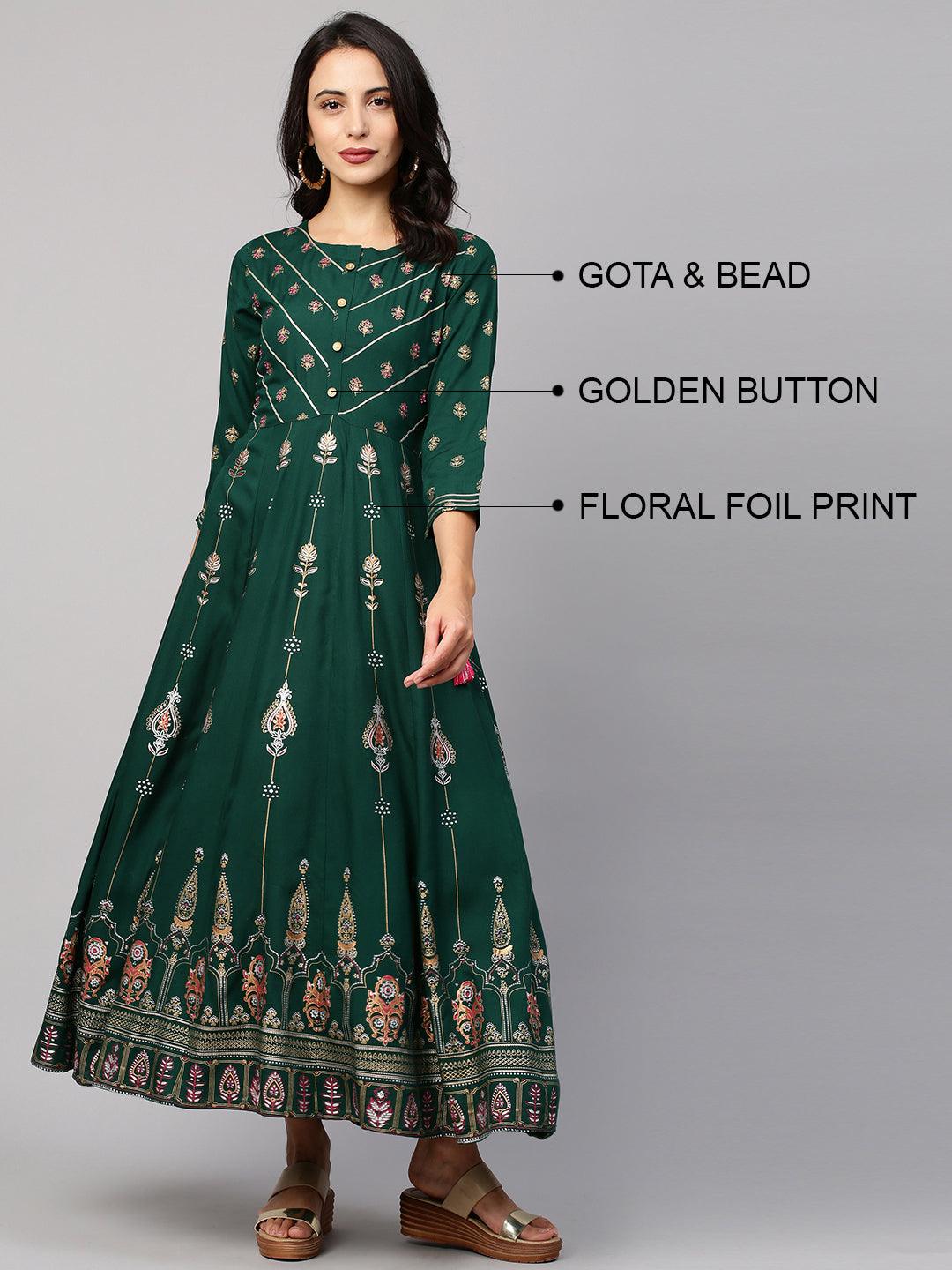 Ethnic Floral Foil Printed & Embellished Maxi Dress - Emerald Green - Indiakreations