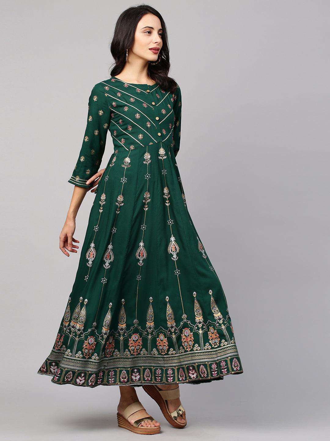 Ethnic Floral Foil Printed & Embellished Maxi Dress - Emerald Green - Indiakreations