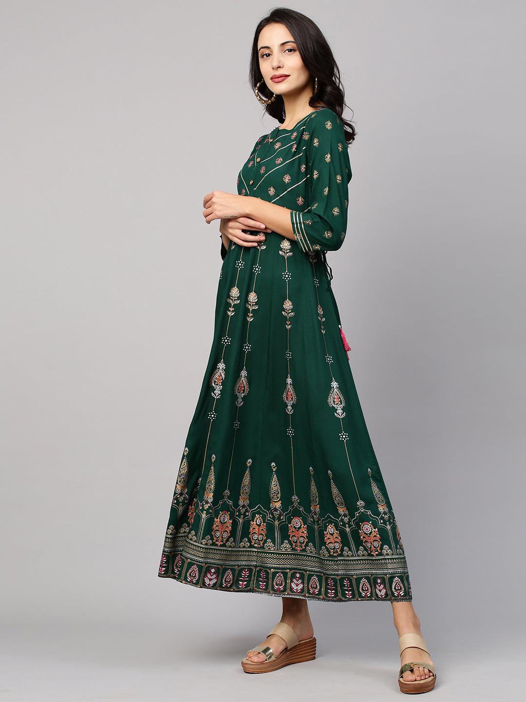 Ethnic Floral Foil Printed & Embellished Maxi Dress - Emerald Green - Indiakreations