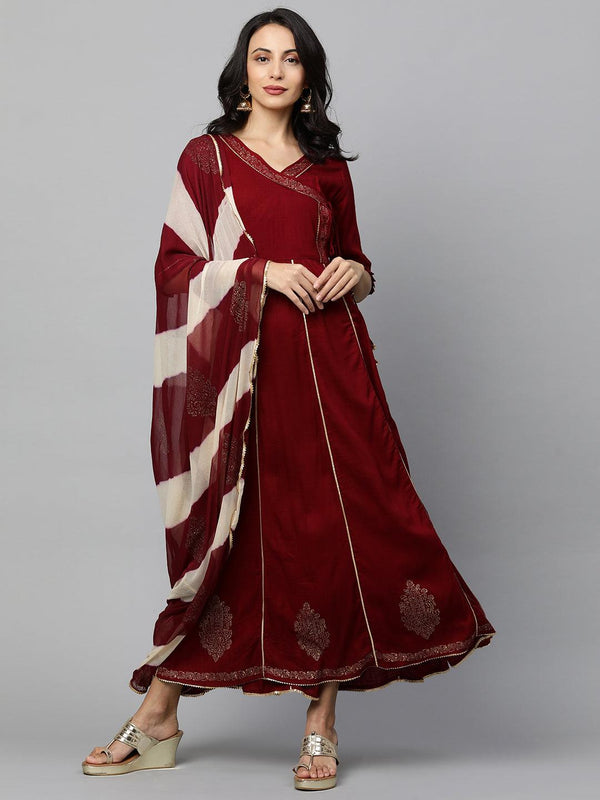 Foil Printed Angrakha Style Maxi Dress with Dupatta - Maroon - Indiakreations