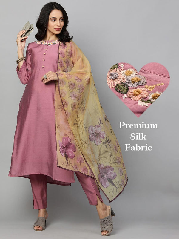 Floral Embroidered Kurta with Pants and Floral Printed Dupatta - Mulberry - Indiakreations