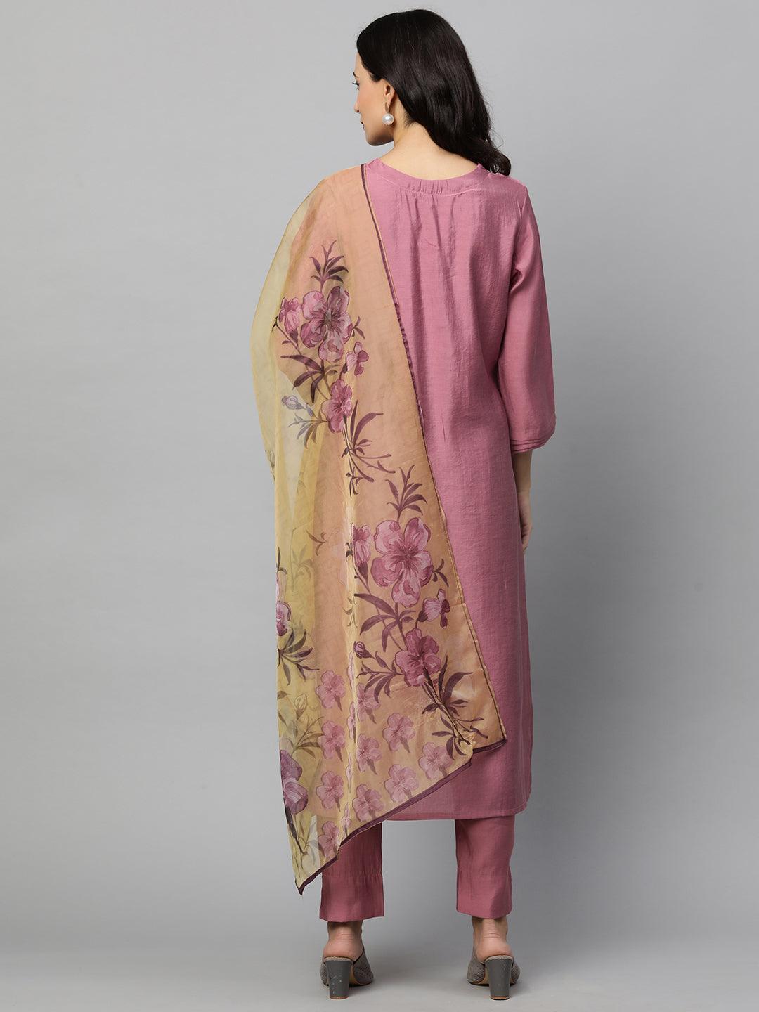 Floral Embroidered Kurta with Pants and Floral Printed Dupatta - Mulberry - Indiakreations